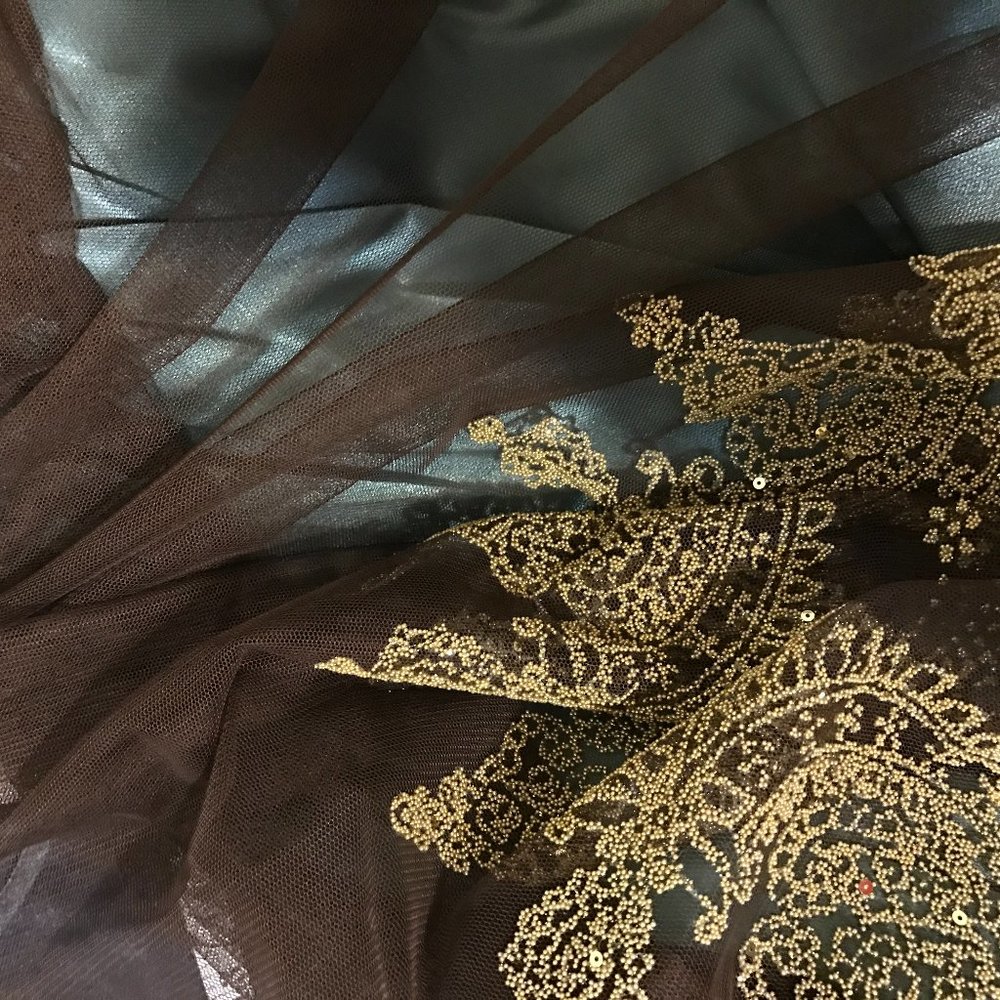 Adrianna Papell | Beaded Gold Green Tulle Dress - Picture 12 of 13